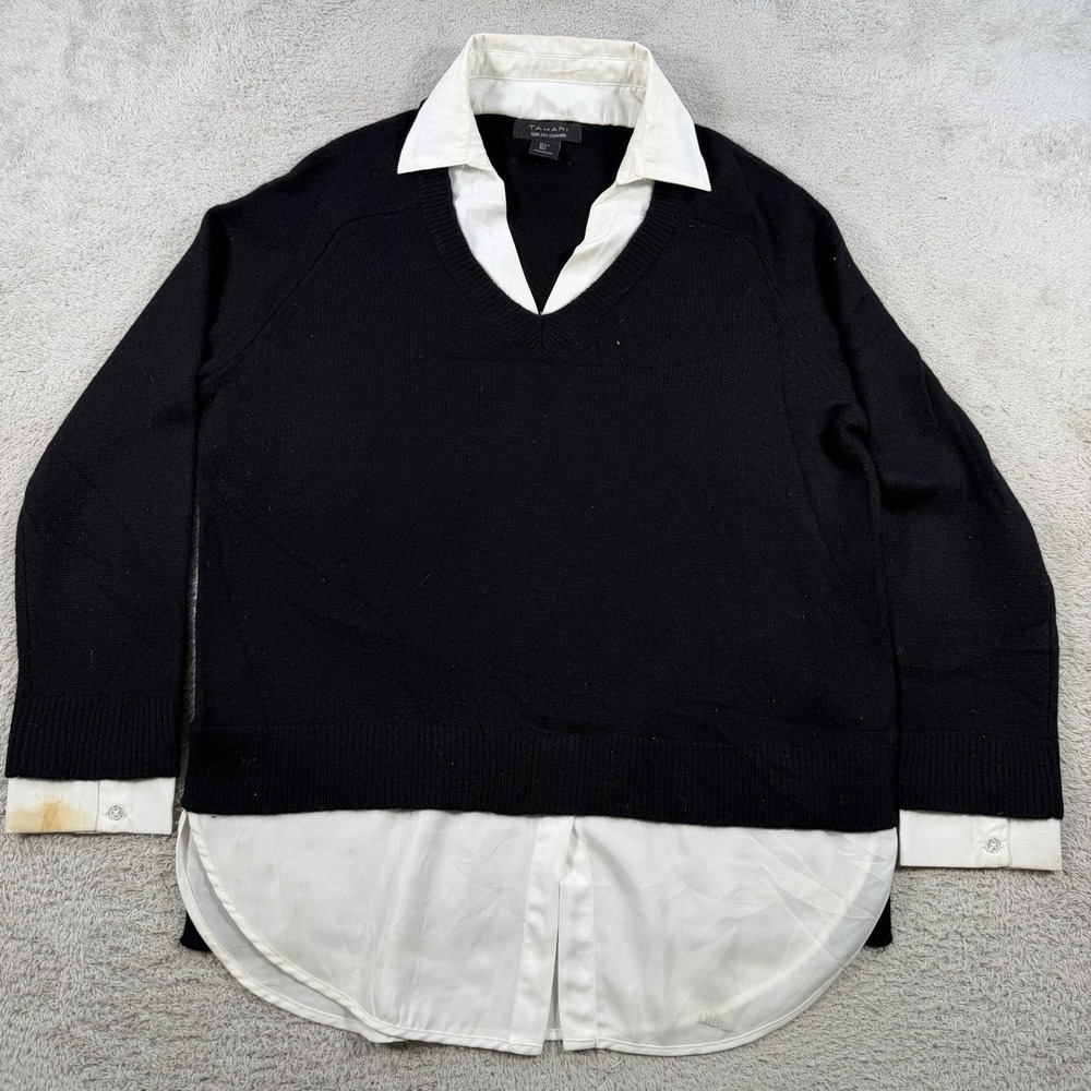Tahari Sweater Womens Large Black 100% Cashmere Tunic Faux Layered V-Neck Collar